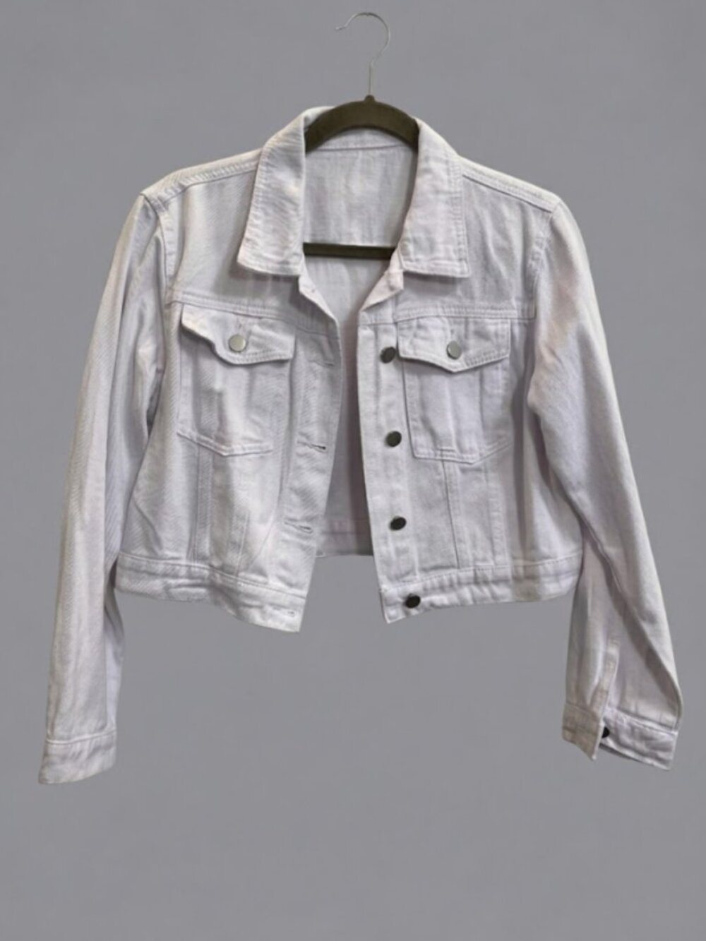 SHEIN White Cropped Denim Jacket Button Front Long Sleeve Trucker Size S